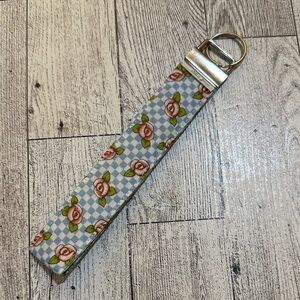Rose Patterned Blue Check Keychain